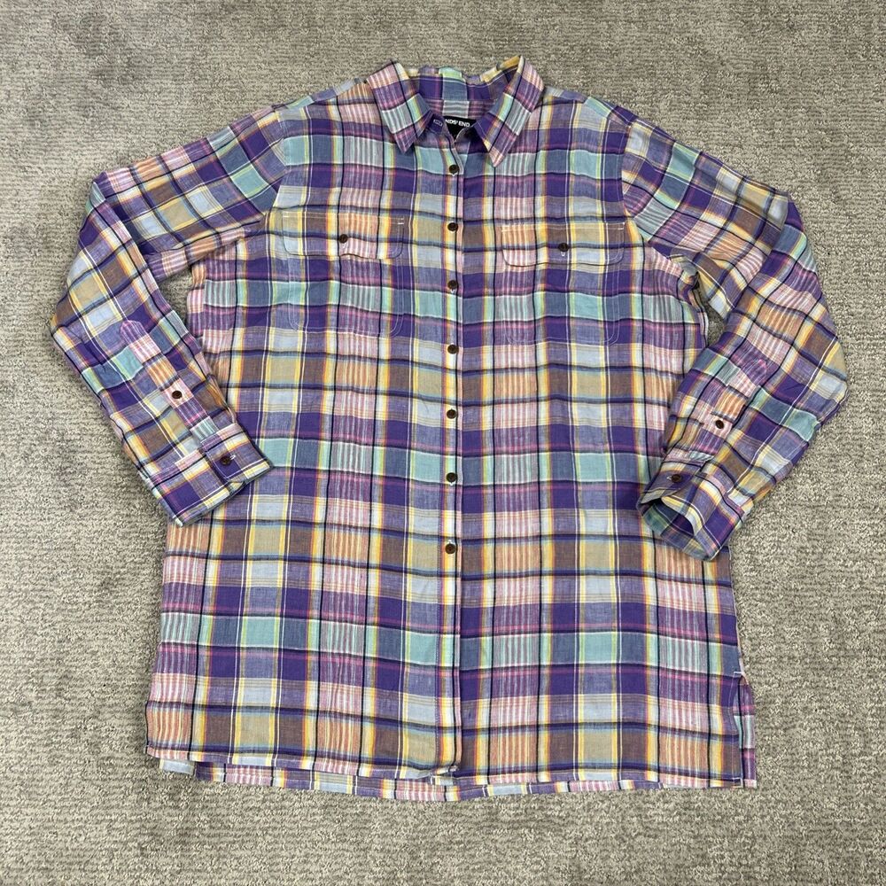 Lands End Shirt Womens XL Tall Plaid Linen Button Up Coastal Purple Aqua Yellow